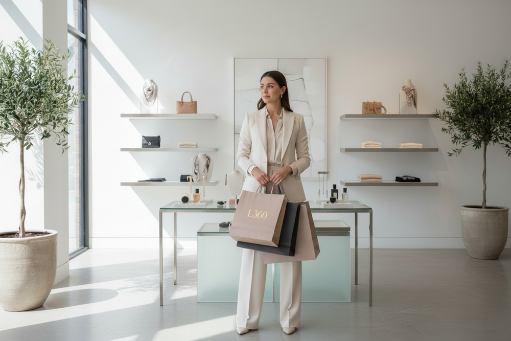 Woman holding shopping bags in a modern interior setting
